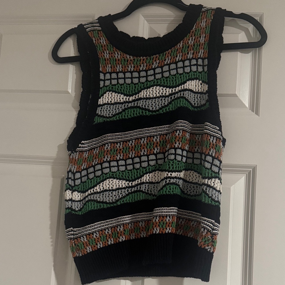 Sandro Sleeveless Knit Patterned Tank Top - Black with Green & White